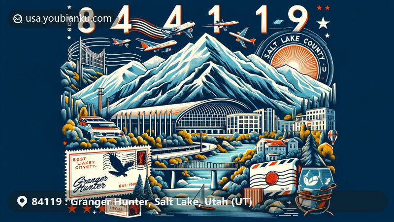 Modern illustration of Granger Hunter area in Salt Lake County, Utah, featuring postal theme with elements like postcard, air mail envelope, stamps, and postmarks, showcasing iconic Utah elements like Oquirrh Mountains and Jordan River.