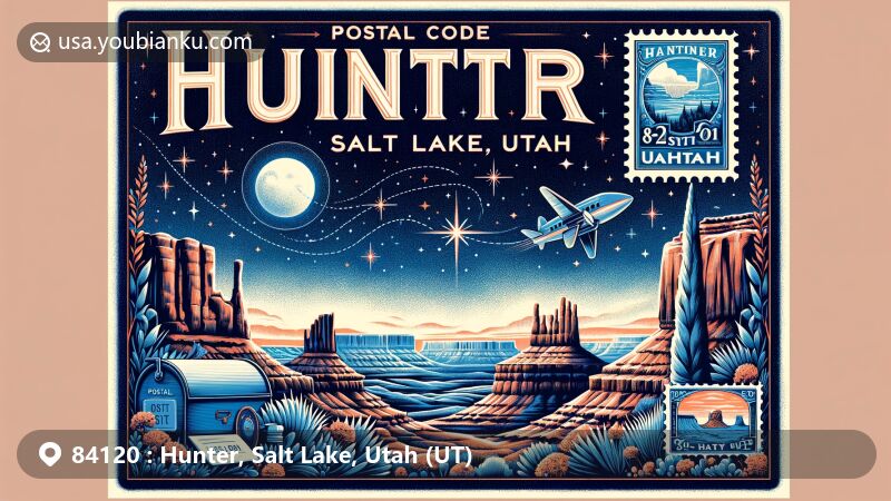 Modern illustration of Hunter, Salt Lake, Utah, highlighting postal theme with ZIP code 84120, incorporating local history and iconic Utah landmarks such as Chimney Rock, Mesa Arch, and Goblin Valley hoodoos.
