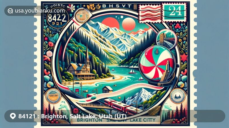 Modern illustration of Brighton, Salt Lake City, Utah, featuring ZIP code 84121, showcasing Wasatch-Cache National Forest, Big and Little Cottonwood Canyons, Silver Lake, Brighton Resort, and Utah state symbols.