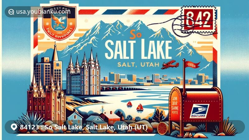 Modern illustration of So Salt Lake, Salt Lake, Utah, highlighting iconic landmarks like Salt Lake Temple, City Creek Canyon, and Bonneville Salt Flats, fused with Utah's cultural symbols and wildlife.