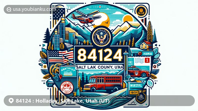 Creative illustration of Holladay, Salt Lake County, Utah, emphasizing postal theme with ZIP code 84124, featuring iconic landmarks like Wasatch National Forest and Utah state flag.
