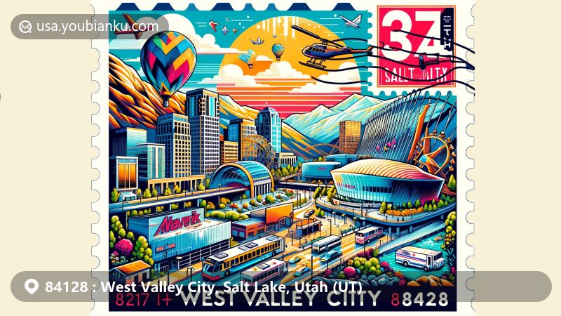 Modern illustration of West Valley City, Salt Lake County, Utah, combining vibrant urban life with natural beauty of Wasatch Mountains and Great Salt Lake, featuring cultural landmarks like Utah Cultural Celebration Center and entertainment venues like Maverik Center and USANA Amphitheatre.