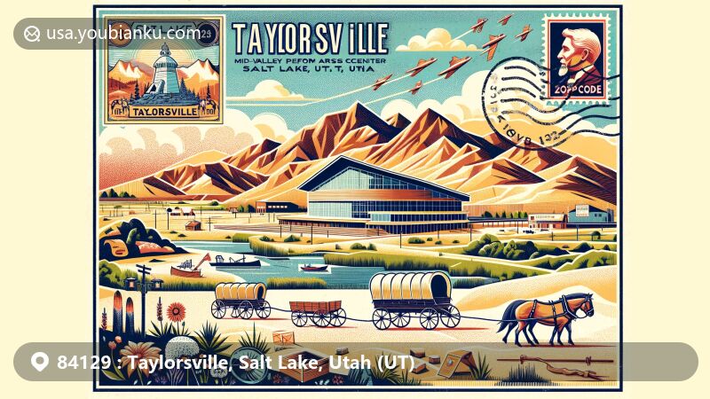 Modern illustration of Taylorsville, Salt Lake, Utah, highlighting ZIP code 84129, featuring Mid-Valley Performing Arts Center and elements representing area's cultural vibrancy, natural beauty, and history.