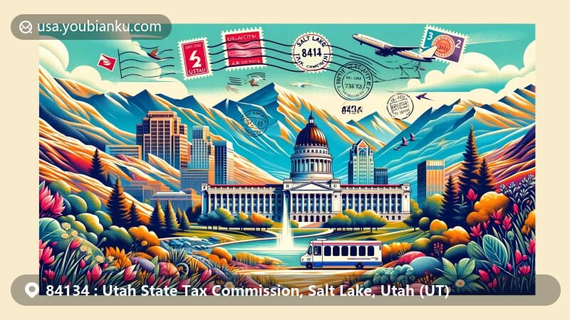 Modern illustration of Salt Lake City, Utah, featuring iconic landmarks like the Utah State Capitol, Red Butte Garden, and the Salt Lake Tabernacle, with postal symbols including stamps and a postmark.
