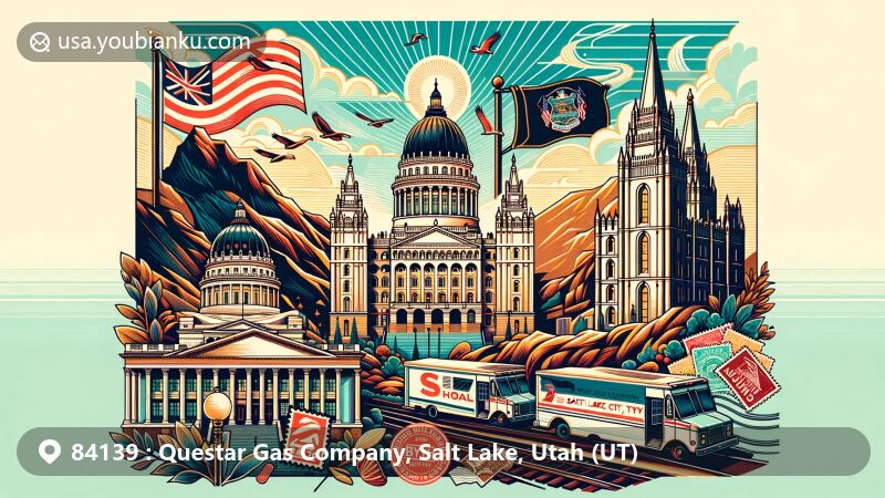 Modern illustration of Salt Lake City, Utah, featuring iconic landmarks like the State Capitol, Cathedral of the Madeleine, and Salt Lake Temple against the backdrop of the Great Salt Lake, incorporating Utah state flag, postal elements, and ZIP Code 84139.