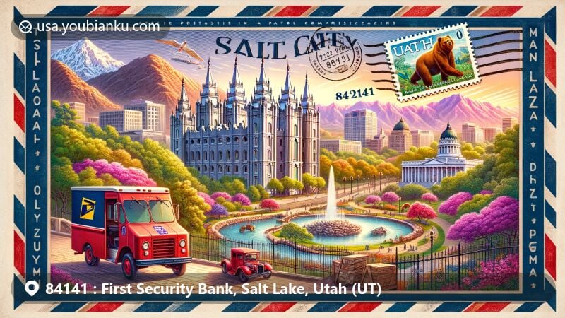 Creative illustration of Salt Lake City, Utah, featuring iconic landmarks like Salt Lake Temple, Red Butte Garden, and Utah State Capitol in a vintage airmail envelope, with a scenic postcard of Liberty Park and postal truck, showcasing ZIP Code 84141.