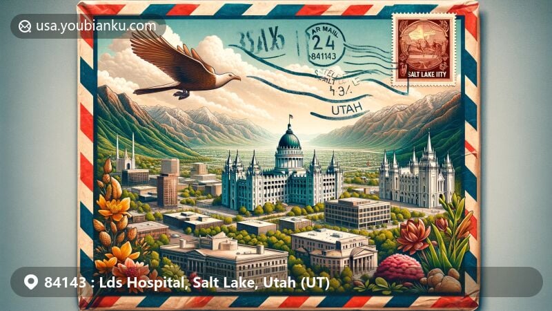 Modern illustration of Salt Lake City, Utah, focusing on ZIP code 84143, featuring vintage air mail envelope with postcard of iconic landmarks like Utah State Capitol, Red Butte Garden, Salt Lake Tabernacle, and This is the Place Heritage Park.