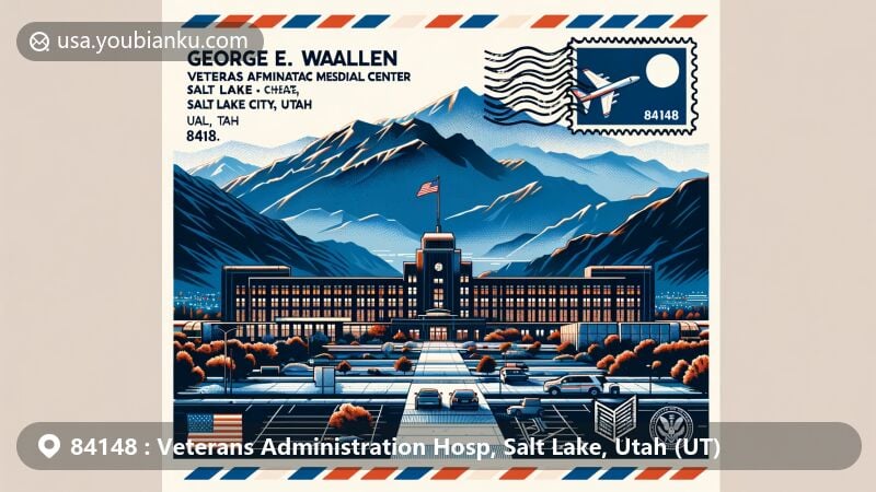 Modern illustration of George E. Wahlen Veterans Affairs Medical Center in Salt Lake City, Utah, against backdrop of natural mountain landscapes, featuring postal theme with ZIP code 84148 and Utah state symbols.