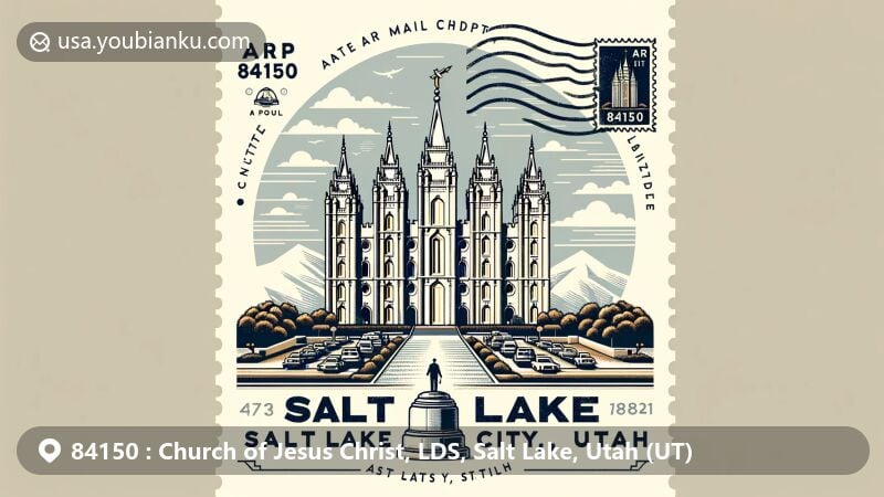 Modern illustration of Salt Lake Temple in Salt Lake City, Utah, featuring iconic postal theme with ZIP code 84150 and Church of Jesus Christ of Latter-day Saints symbolism.