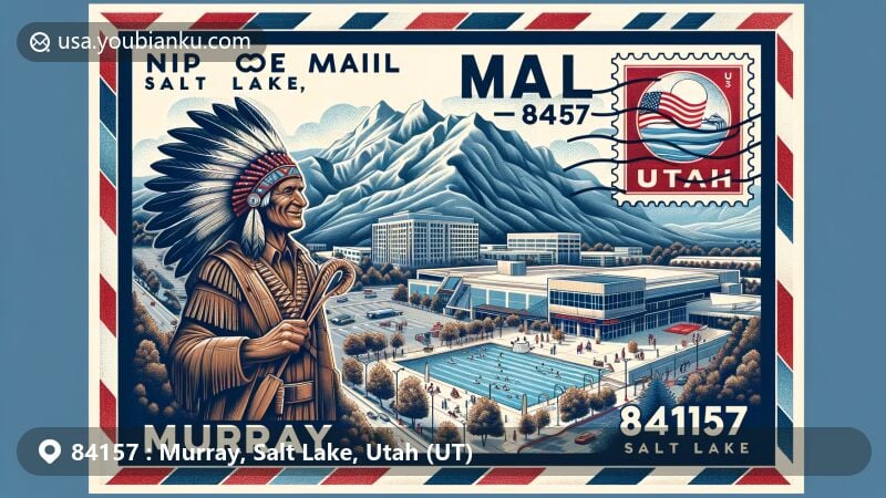Modern illustration of Murray, Salt Lake, Utah, inspired by ZIP code 84157 in an airmail envelope format with red and blue stripes. Features Murray City Park with Chief Wasatch sculpture, Fashion Place Shopping Mall, Murray City Aquatic Center, and Wasatch Front mountains. Includes Utah state flag stamp.