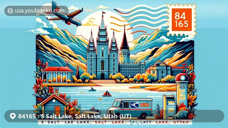 Modern illustration of S Salt Lake, Salt Lake, Utah (UT), highlighting postal theme with ZIP code 84165, featuring iconic landmarks such as Utah State Capitol, Cathedral of the Madeleine, and Salt Lake Temple, along with natural beauty of Great Salt Lake.