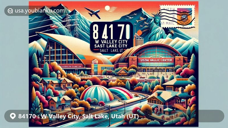 Modern illustration of West Valley City, Salt Lake, Utah, emphasizing ZIP code 84170, featuring Utah Cultural Celebration Center, Maverik Center, USANA Amphitheatre, and Utah Olympic Oval.