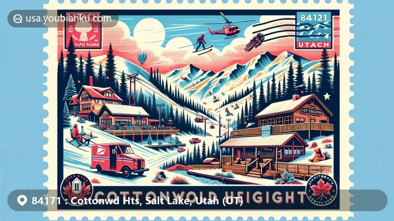 Modern illustration of Cottonwood Heights, Utah, showcasing outdoor activities and local establishments like Utah Olympic Park, Snowbird Ski Resort, and Wasatch Brew Pub, with postal theme including ZIP code 84171 and vintage mail truck.