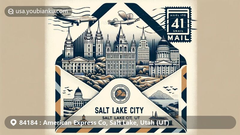 Modern illustration of Salt Lake City and Utah, inspired by ZIP code 84184, featuring Temple Square, Utah State Capitol, Great Salt Lake, and This is the Place Monument, with postal motifs and air mail envelope design.