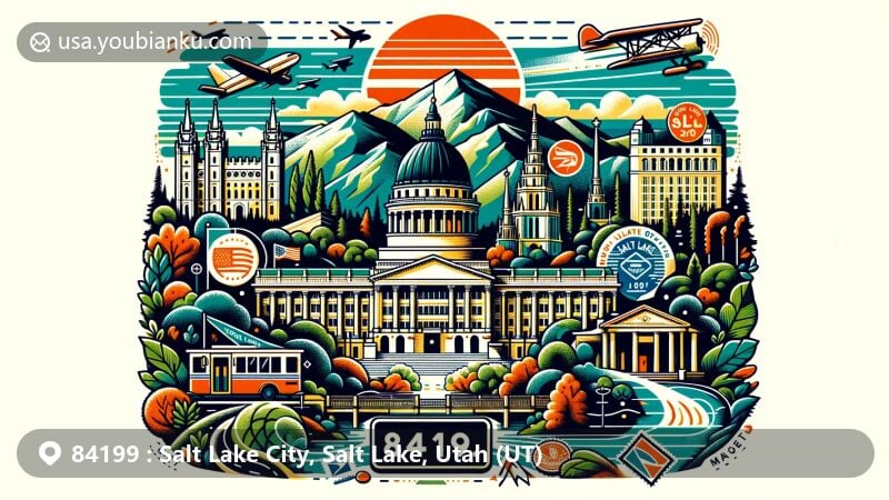 Modern illustration of Salt Lake City, Utah, focusing on ZIP code 84199, featuring Utah State Capitol, Salt Lake Temple, and Red Butte Garden, with postal symbols like airmail envelope and stamps.