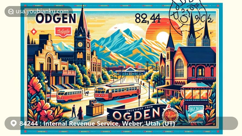 Modern illustration of Ogden, Weber County, Utah, highlighting postal theme with ZIP code 84244, featuring Union Station, LDS Temple, and Eccles Art Center against the scenic backdrop of the Wasatch Mountains.