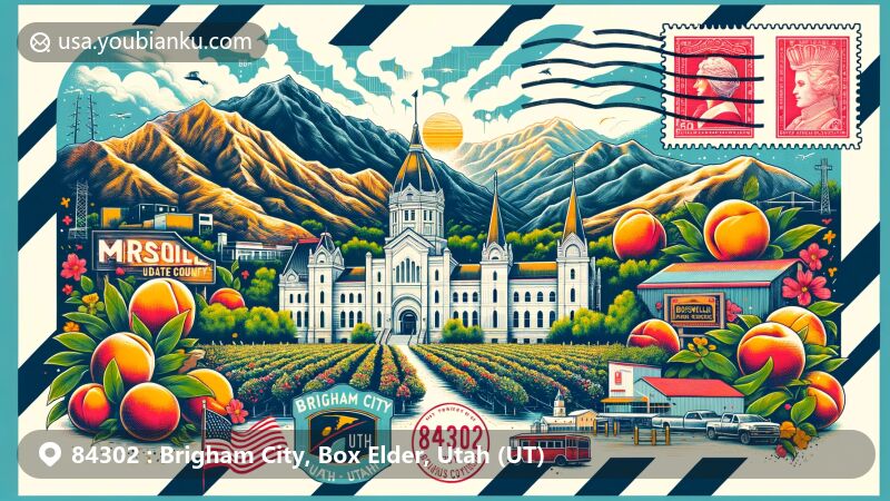 Modern illustration of Brigham City, Utah, showcasing postal theme with ZIP code 84302, featuring iconic landmarks, Wellsville Mountains, Box Elder Tabernacle, and peach orchards symbolizing Peach Days festival.