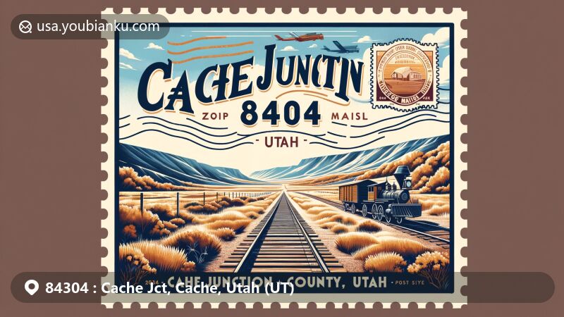 Modern illustration of Cache Junction, Cache County, Utah, featuring ZIP code 84304, showcasing natural beauty and postal theme with Utah state flag, railroad references, local symbols, and a clear blue sky.