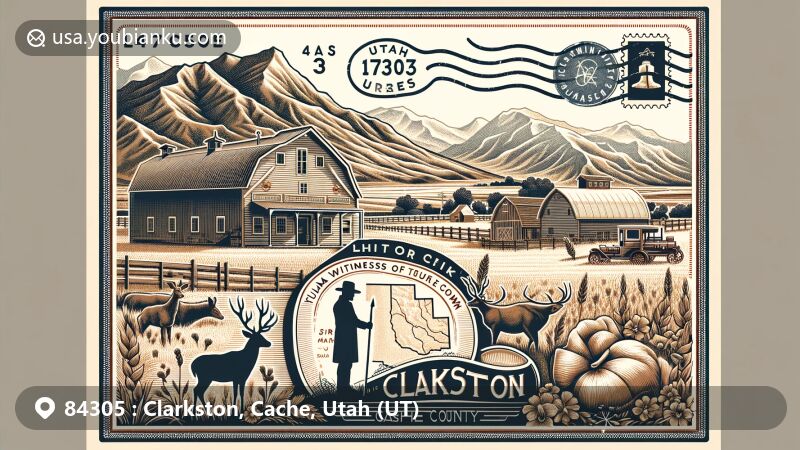 Modern illustration of Clarkston, Utah, featuring vintage air mail envelope with ZIP code 84305, Utah outline, mule deer, and depiction of Martin Harris, a Witness of the Book of Mormon.