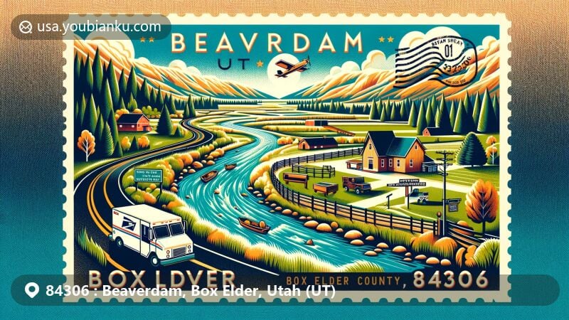 Modern illustration of Beaverdam, Box Elder County, Utah, highlighting natural beauty, beaver dams along Willow Creek, and key landmarks like Bear River Valley, with cultural elements such as Brigham City Cooperative Dairy.
