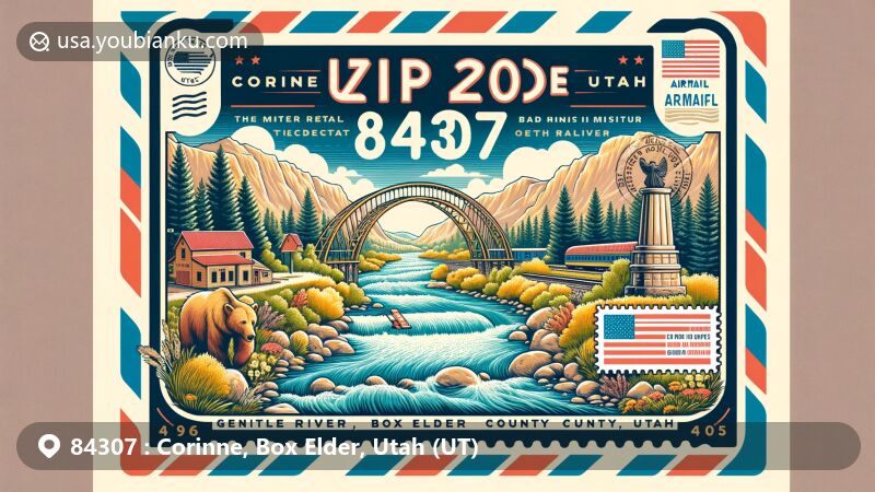 Innovative illustration of Corinne, Box Elder County, Utah, representing ZIP code 84307 in the shape of an airmail envelope, featuring Bear River and Chinese Arch.