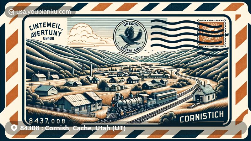 Modern illustration of Cornish, Cache County, Utah, capturing the town's rural charm with a focus on Oregon Short Line Railroad and a postal theme for ZIP code 84308.