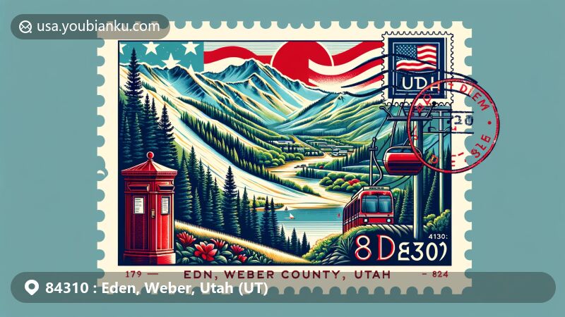 Modern illustration of Eden, Weber County, Utah, capturing the essence of zip code 84310, with Powder Mountain ski resort, Pineview Reservoir, Ogden River, and Utah state flag.