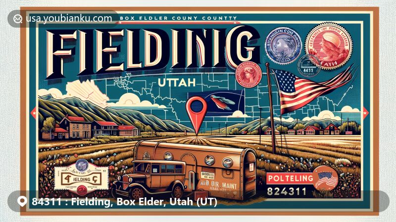 Modern illustration of Fielding, Utah, in Box Elder County, featuring vintage air mail envelope with ZIP code 84311, showcasing rural landscape and Utah state symbols.