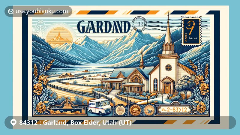 Modern illustration of Garland, Utah, featuring ZIP code 84312 area in Box Elder County, showcasing Bear River Valley, Garland Tabernacle, and Carnegie Library, integrating a creative postal theme with vintage airmail envelope.