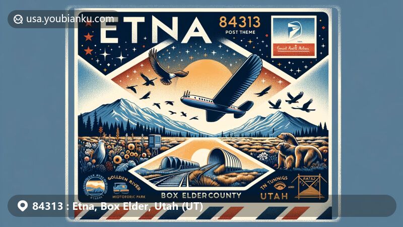 Modern illustration of Etna, Box Elder, Utah, featuring postal theme with ZIP code 84313, showcasing Golden Spike National Historic Park, Bear River Bird Refuge, Sun Tunnels, Utah state symbols, and Great Salt Lake outline.
