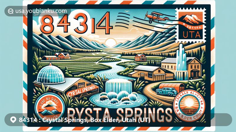 Creative illustration of Crystal Springs in Box Elder County, Utah, featuring Crystal Hot Springs, Bear River Valley, vintage postal elements, and ZIP code 84314.