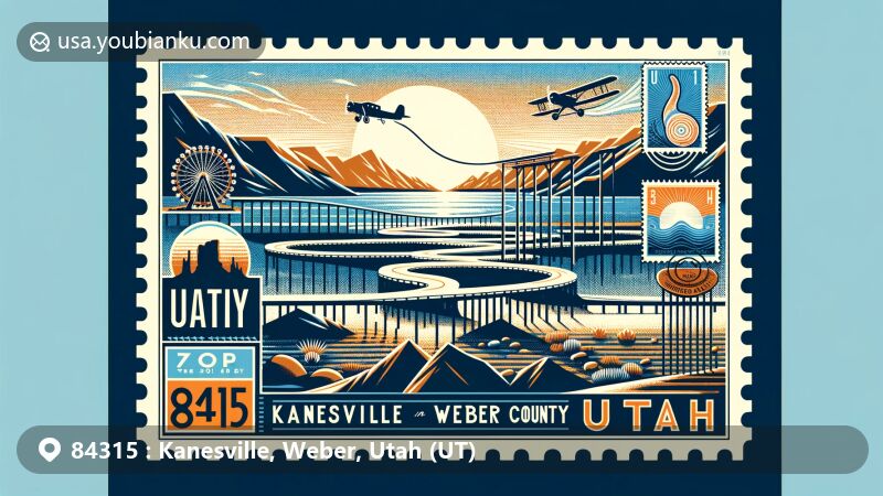Modern illustration of Kanesville, Weber County, Utah, featuring ZIP code 84315 with iconic Spiral Jetty silhouette, vintage postage stamp of Delicate Arch, and mail airplane symbolizing connection and delivery.