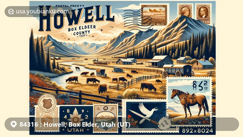 Modern illustration of Howell, Box Elder County, Utah, showcasing scenic landscape with Blue Creek Valley and mountain ranges, honoring Shoshone Indians and cattle ranching heritage, integrating elements of Promontory Mountains and Blue Creek, featuring vintage postal elements and ZIP code 84316.