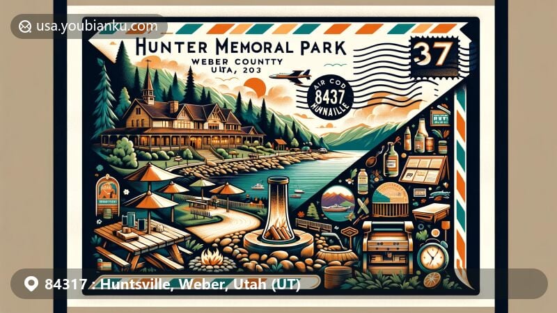 Modern illustration of Huntsville, Weber County, Utah, featuring a creatively designed air mail envelope with vibrant imagery of Weber Memorial Park, Causey Reservoir, picnic tables, fire pits, and historical lodge, adorned with a stylized postal stamp showcasing Huntsville's incorporation date and first public school in Utah.