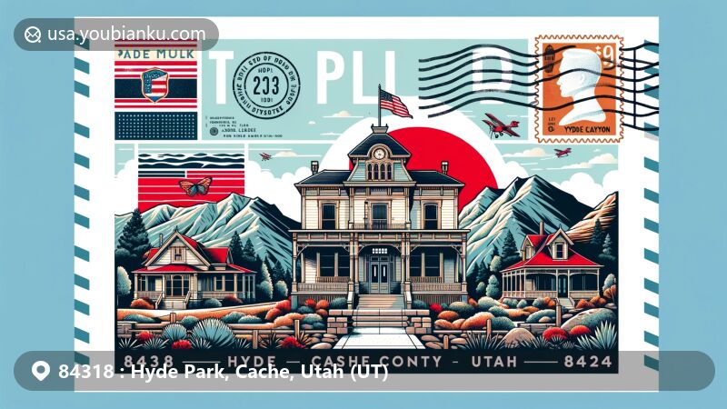 Modern illustration of Hyde Park, Cache County, Utah, depicting ZIP code 84318, showcasing John E. Lee House, Hyde Park Canyon, vintage postal elements, and Utah state flag.