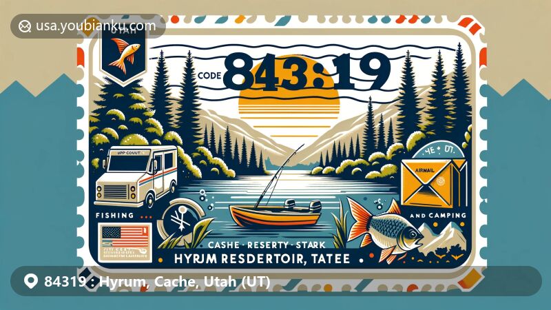 Modern illustration of Hyrum, Cache County, Utah, showcasing postal theme with ZIP code 84319, featuring Hyrum Reservoir State Park and recreational activities like fishing, boating, and camping.