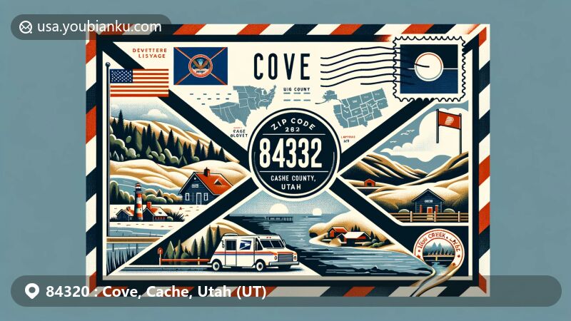 Modern illustration of Cove, Cache County, Utah, showcasing postal theme with ZIP code 84320, featuring Utah state flag, Cache County outline, and High Creek Lake.