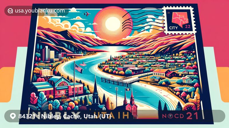 Modern illustration of Nibley, Cache, Utah, showcasing postal theme with ZIP code 84321, featuring scenic Cache Valley, heritage of Charles W. Nibley, and community spirit of Heritage Days.