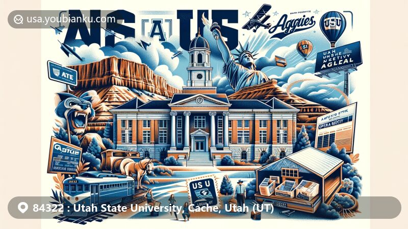 Modern illustration of Utah State University (USU) and the Cache Valley, Utah, featuring Old Main building, Big Blue mascot, Utah Festival Opera and Music Theatre, and Logan Canyon.