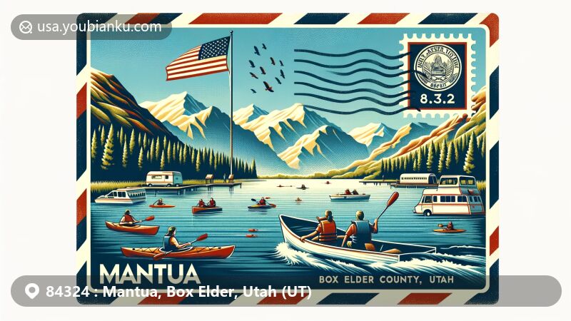 Modern illustration of Mantua, Box Elder County, Utah, featuring Mantua Reservoir and mountains, showcasing outdoor activities like kayaking and fishing, with vintage airmail envelope highlighting postal theme and ZIP code 84324.