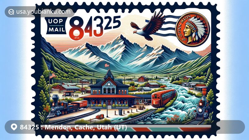 Modern illustration of Mendon, Cache County, Utah, representing ZIP code 84325, featuring vibrant air mail envelope with '84325' ZIP code, surrounding lush Cache Valley with snow-fed streams and mountains. Includes historic Mendon Station and Indian Head 1859 U.S. Cent, creatively blending local culture, history, and natural beauty.