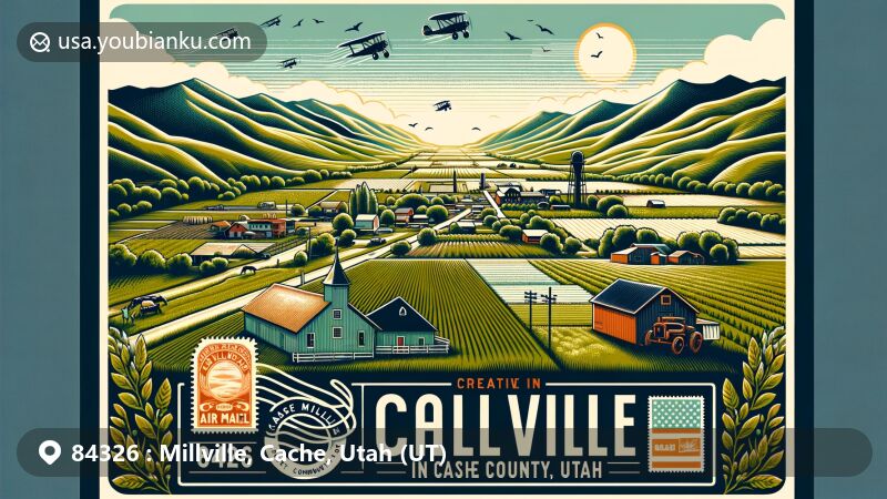 Modern illustration of Millville, Cache County, Utah, featuring postal theme with ZIP code 84326, showcasing the town's rural charm, surrounded by mountains and farmlands, known for outdoor activities like hiking and biking, and community events like farmers markets and music festivals.