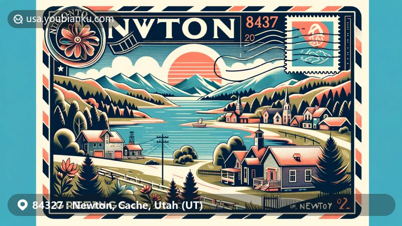 Modern illustration of Newton, Cache County, Utah, with ZIP code 84327, featuring Great Salt Lake and Wasatch Front mountains, showcasing Newton Dam and Cutler Reservoir.