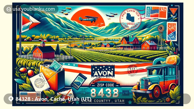 Modern illustration of Avon, Cache County, Utah, showcasing postal theme with ZIP code 84328, featuring Cache County landscape and Utah state flag.