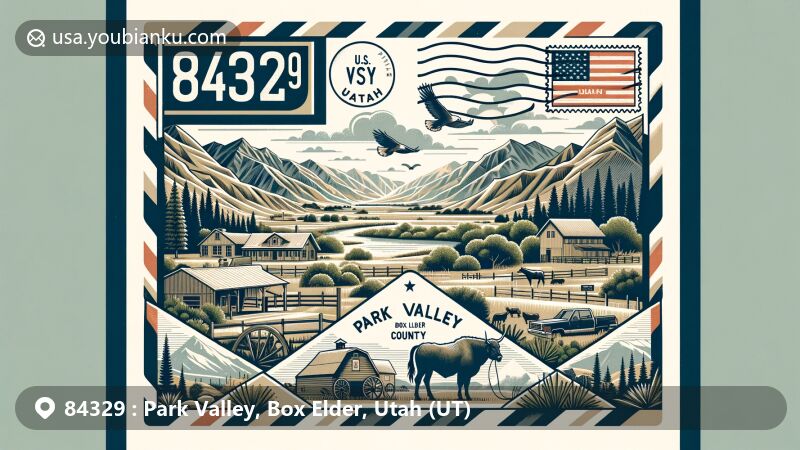 Modern illustration of Park Valley, Box Elder County, Utah, emphasizing postal theme with ZIP code 84329, showcasing secluded valley and surrounding mountains, highlighting cattle ranching and natural flora like sagebrush and cedar trees.