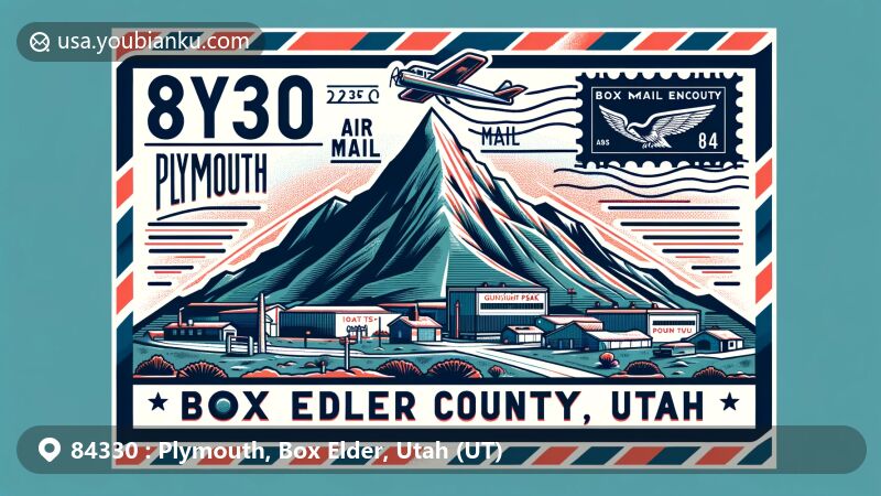Modern illustration of Plymouth, Box Elder County, Utah, featuring ZIP code 84330, airmail envelope theme with Gunsight Peak and Utah state flag, showcasing regional and postal blend.
