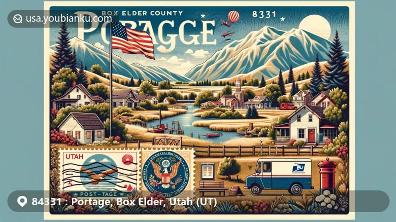Modern illustration of Portage, Box Elder County, Utah, with ZIP code 84331, showcasing geographic features at the northeast corner of Box Elder County, the Utah-Idaho state line, and the Malad Valley, integrating small-town community values, natural beauty, Utah symbols, and postal elements in a vintage postcard style.