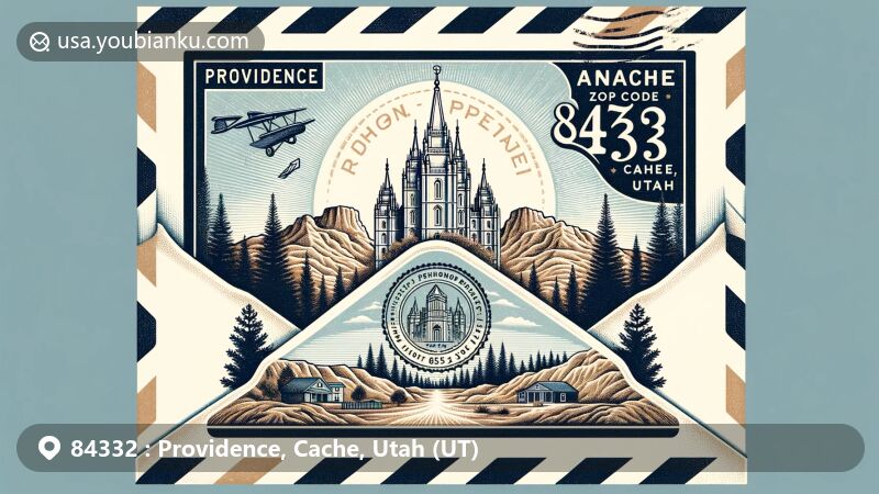 Creative illustration of Providence, Cache, Utah, with a vintage air mail envelope featuring the Logan Utah Temple postage stamp, showcasing local history, geography, and the natural beauty of Douglas fir trees and limestone cliffs.