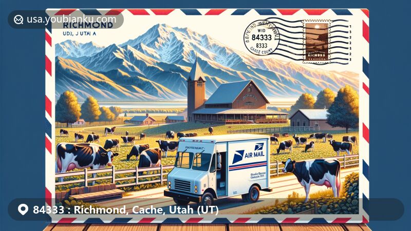 Modern illustration of Richmond, Cache County, Utah, featuring agricultural heritage with Holstein Friesian cattle, farms, and Wasatch Mountains backdrop, showcasing Richmond Carnegie Library and postal theme.