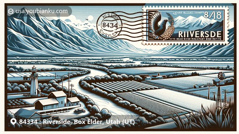 Modern illustration of Riverside, Box Elder County, Utah, showcasing peaceful rural community with Malad River, sugar beet farms, Bear River Valley, and Wellsville Mountains, integrated with vintage airmail envelope marked with ZIP Code 84334.